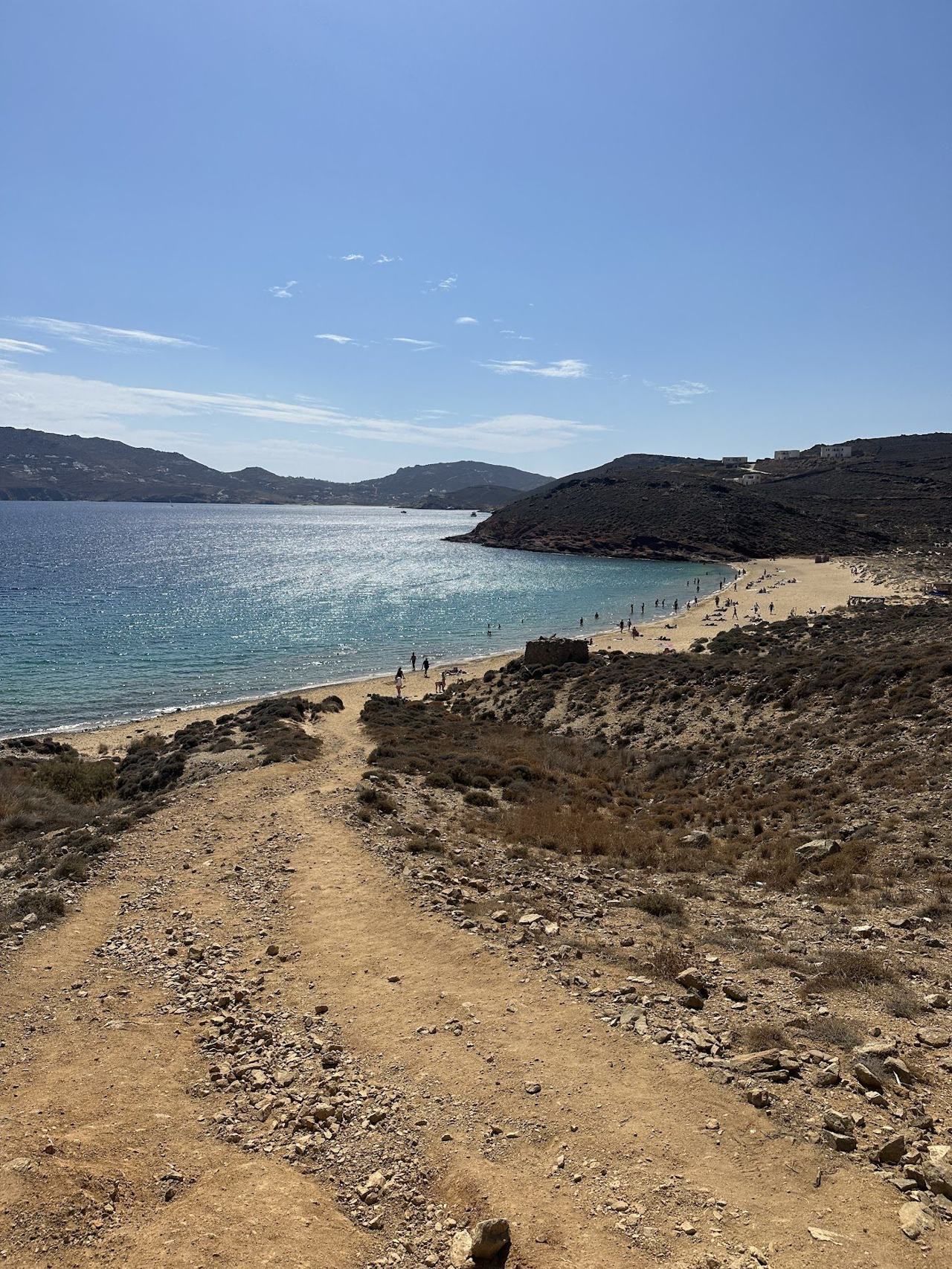 Natural rocky shoreline and open sand at Agios Sostis on the north coast of Mykonos