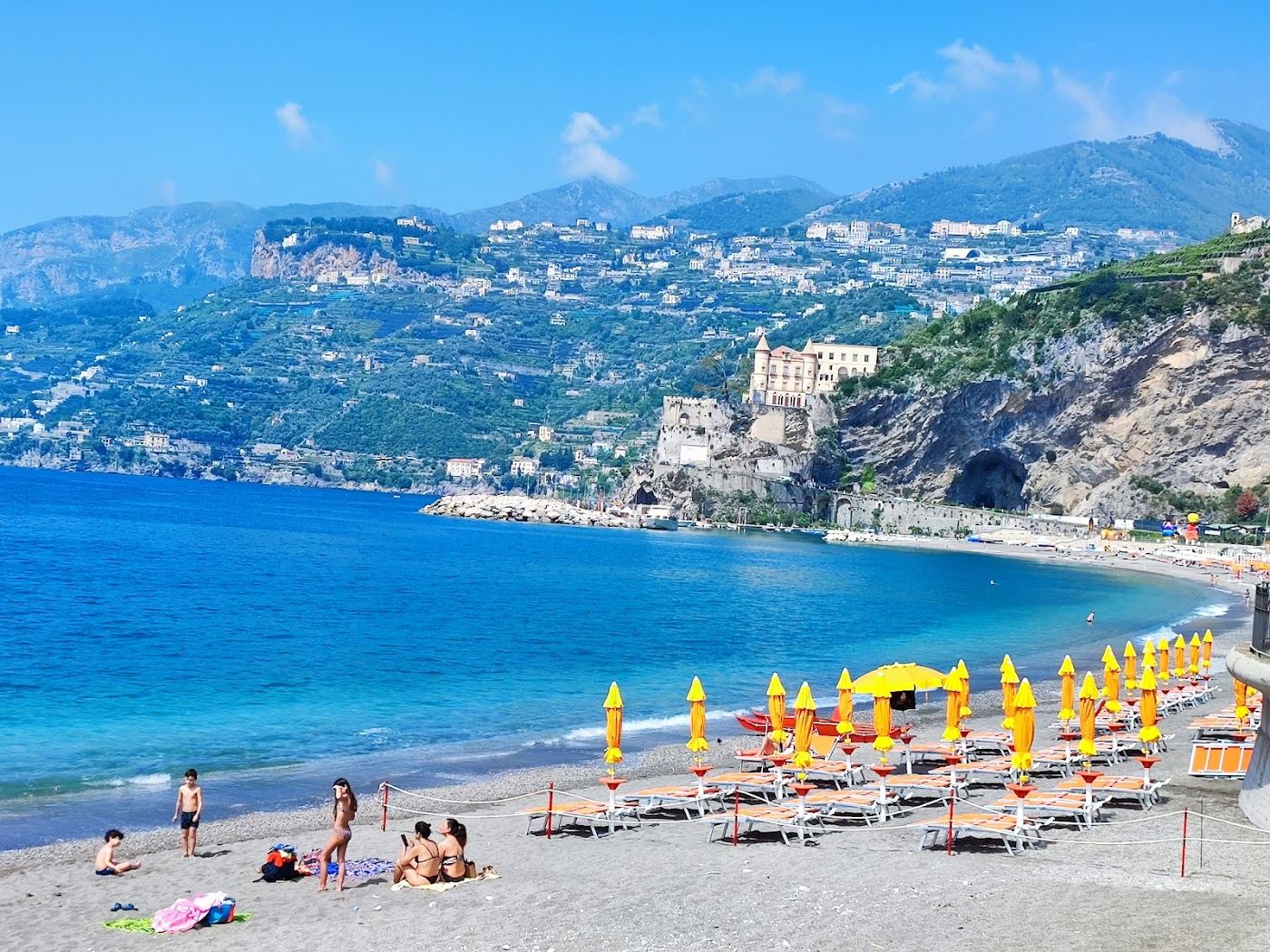 The flat seafront town of Maiori along its long promenade on the Amalfi Coast