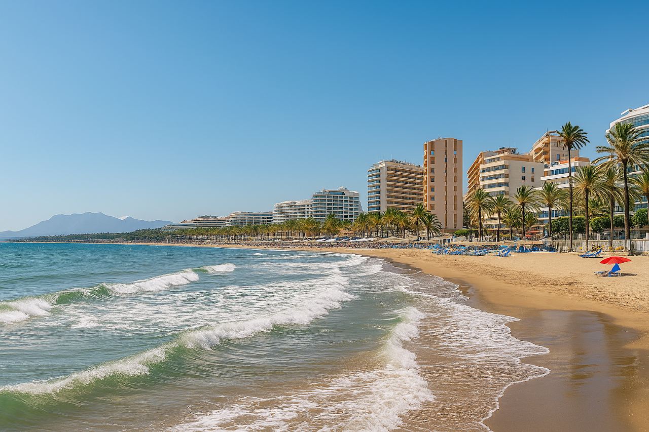 The calm Mediterranean water and golden sand of the central Marbella seafront where Amare Beach sits