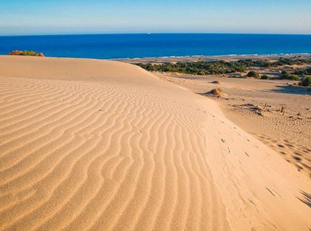 The vast wild dune beach at Patara west of Antalya stretching empty into the distance under a clear sky