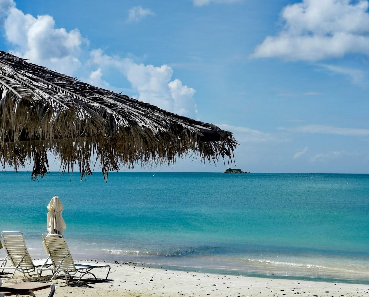 Soft sand, palm shade and calm clear water along the open stretch of Dickenson Bay in Antigua