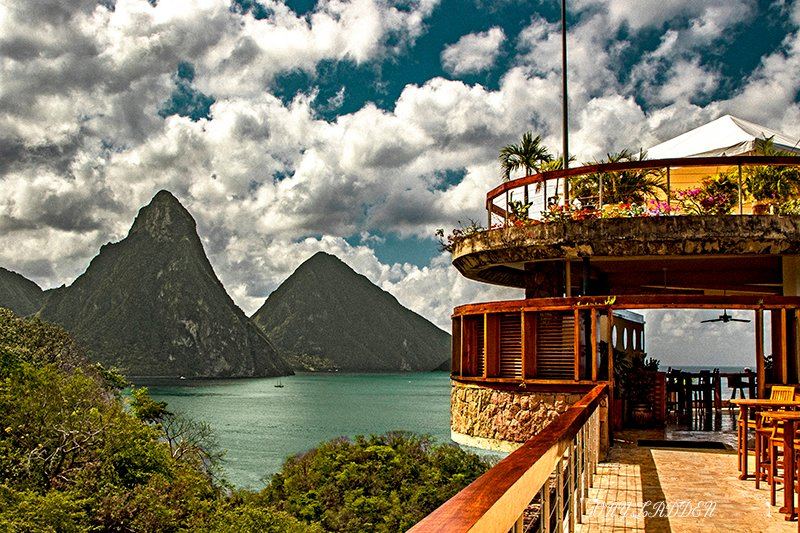 An open fourth wall sanctuary at Jade Mountain overlooking the Pitons in St Lucia