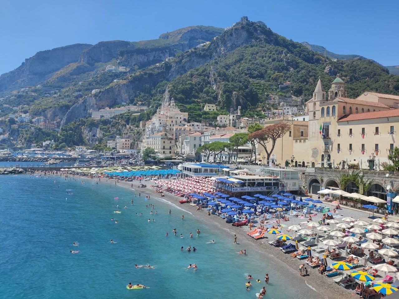Atrani village beach and piazza below the cliffs on the Amalfi Coast