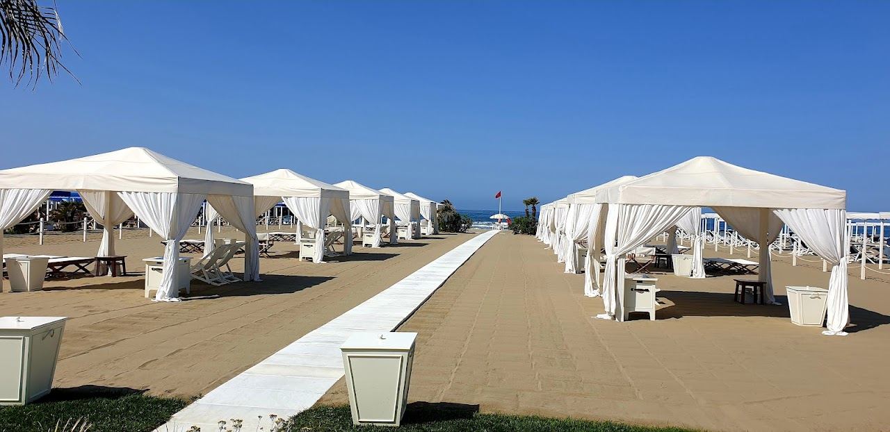 Umbrella rows stretching along the flat golden shore of Forte dei Marmi beach in Versilia