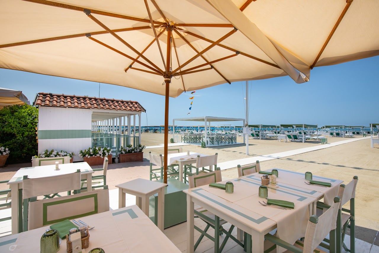 Rows of umbrellas and loungers on the Forte dei Marmi sand at Bagno Alcione in the Roma Imperiale district, Versilia coast, Tuscany