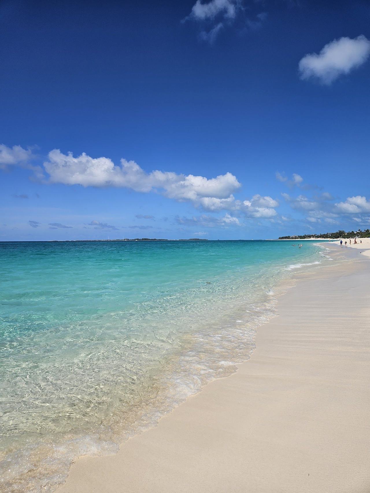 Pale soft sand and clear shallow turquoise water on a calm family beach in the Bahamas