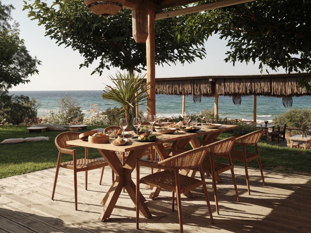 Wooden sunbeds and straw umbrellas on the sand in front of Banana Baya beach bar on Banana beach, Zakynthos