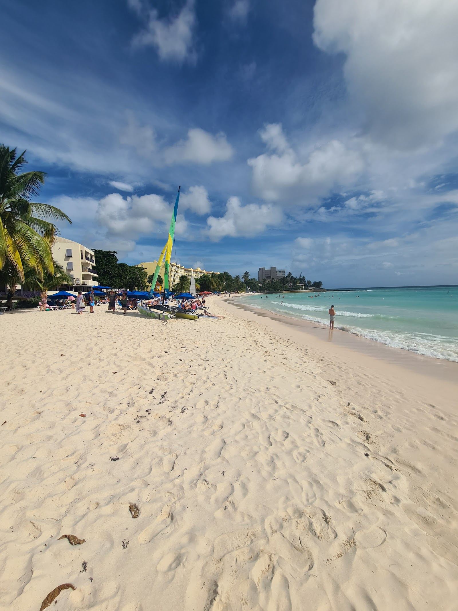 Calm turquoise water and pale sand along Dover Beach on the south coast of Barbados