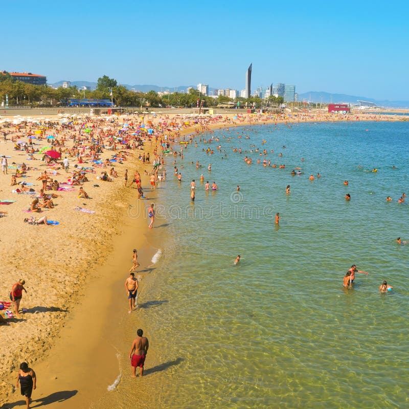Calm sheltered water and soft sand at Nova Icaria beach by the Olympic Port in Barcelona