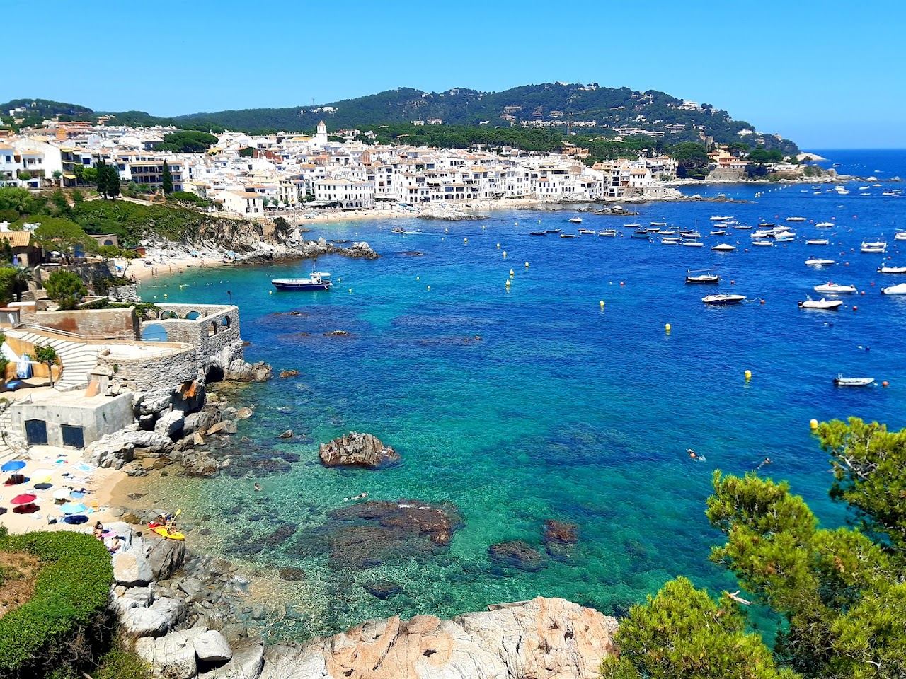 White fishermen's houses above a small cove of clear water at Calella de Palafrugell on the Costa Brava