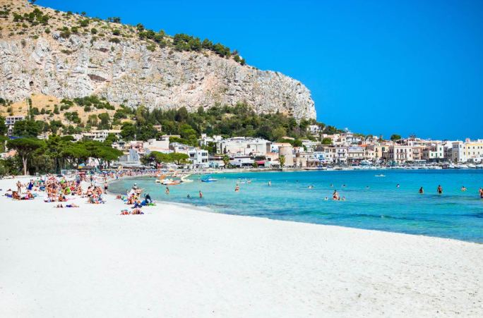 Pale crescent and shallow turquoise water at Mondello near Palermo