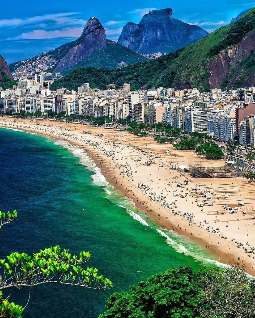 The long curve of Copacabana beach and promenade in Rio