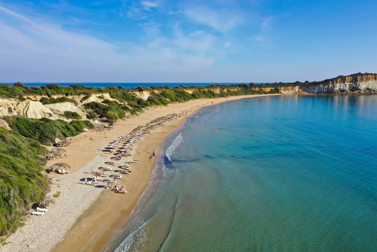 The protected golden bay and calm Ionian water of Gerakas on Zakynthos