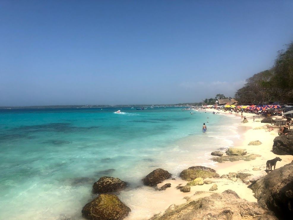 White sand and clear Caribbean water at Playa Blanca on Isla Baru near Cartagena in Colombia