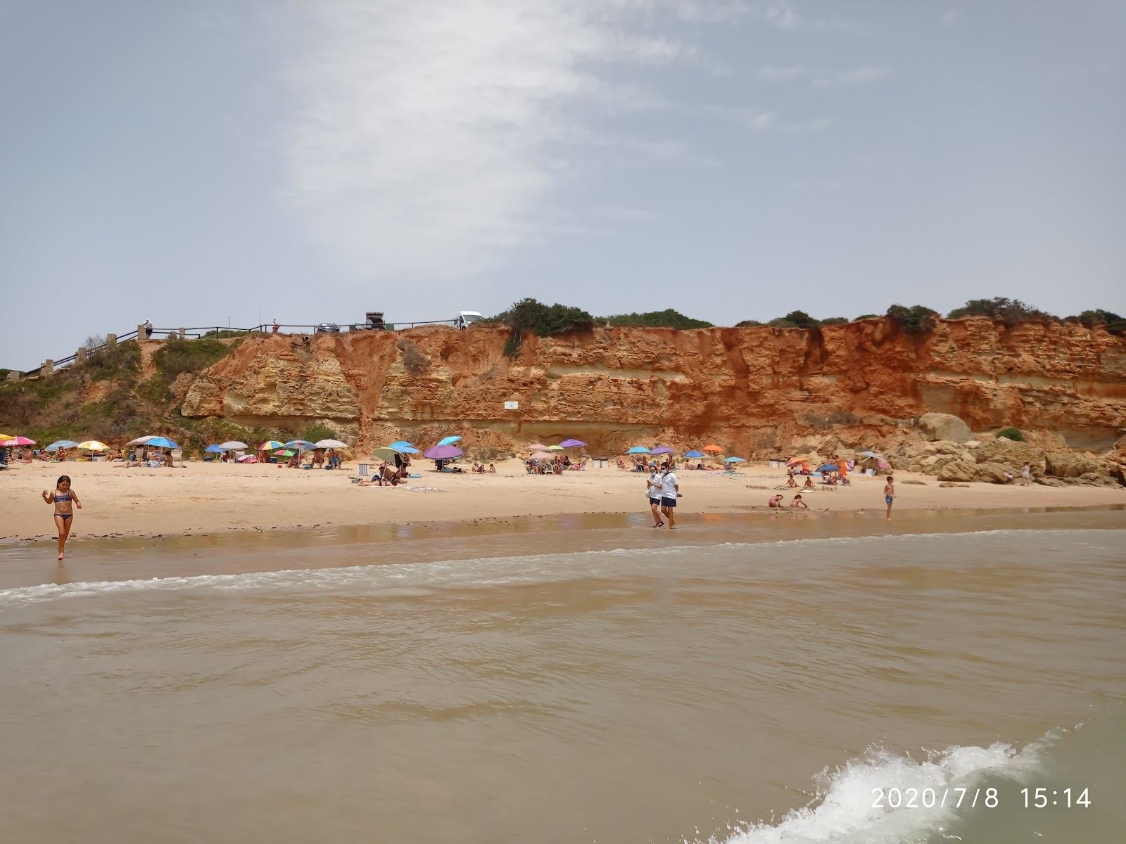 Golden sand and calm turquoise water in the sheltered pine backed cove of Cala del Aceite near Conil de la Frontera