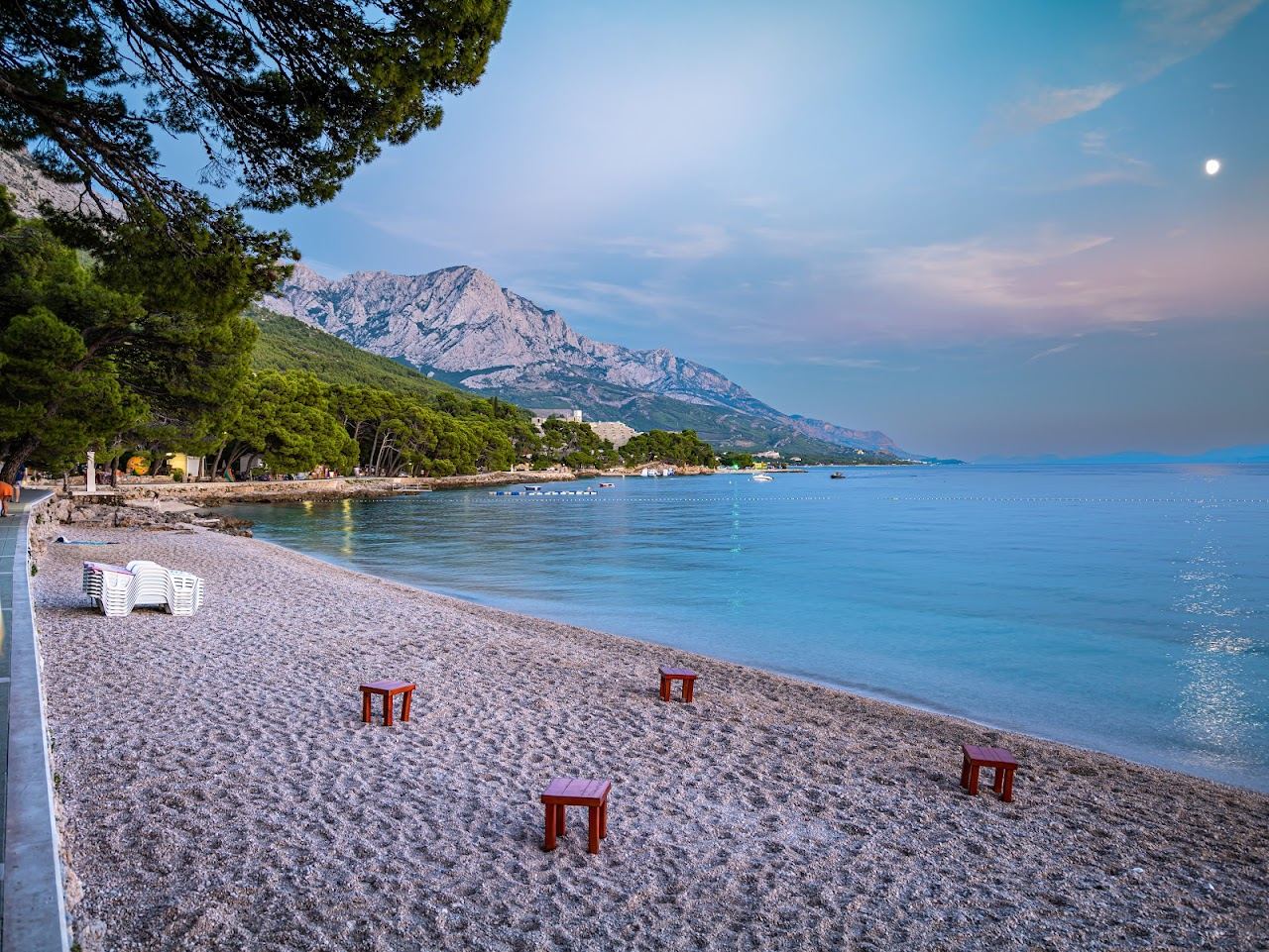 Pebble shore and pine trees at Punta Rata beach in Brela