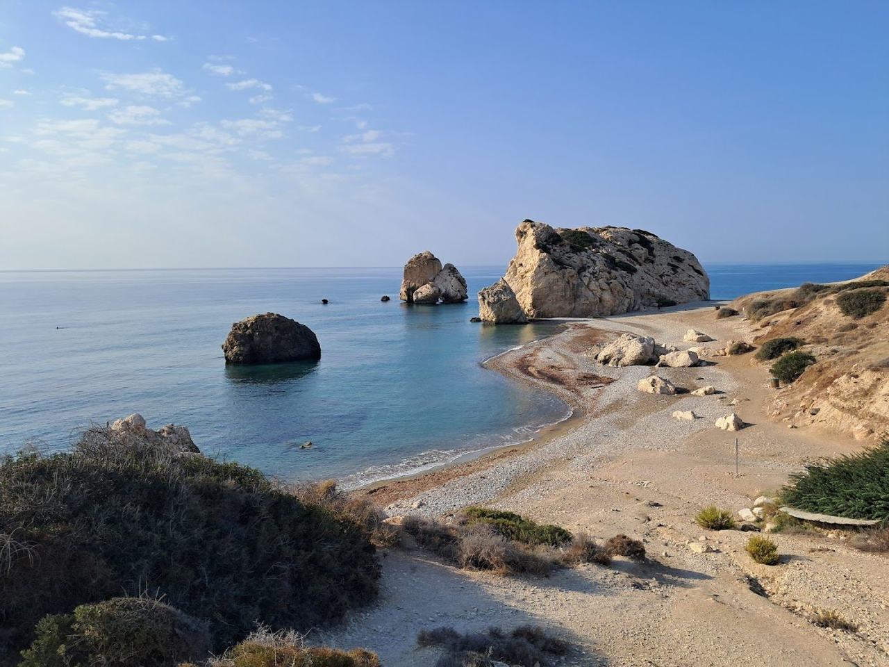 The sea stacks and pebble shore at Petra tou Romiou, the legendary birthplace of Aphrodite in Cyprus