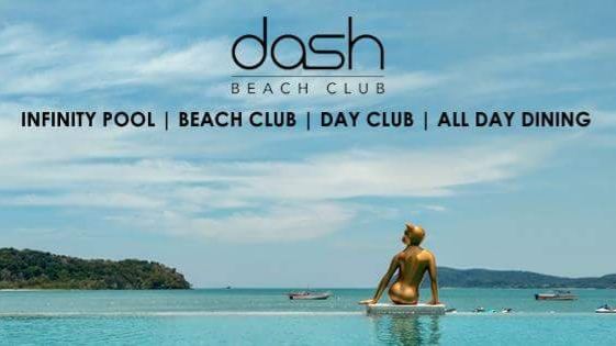 Loungers around the pool at Dash Beach Club with the sea beyond