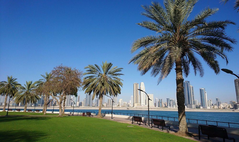 The sheltered sandy bays and green lawns of Al Mamzar Beach Park in Dubai
