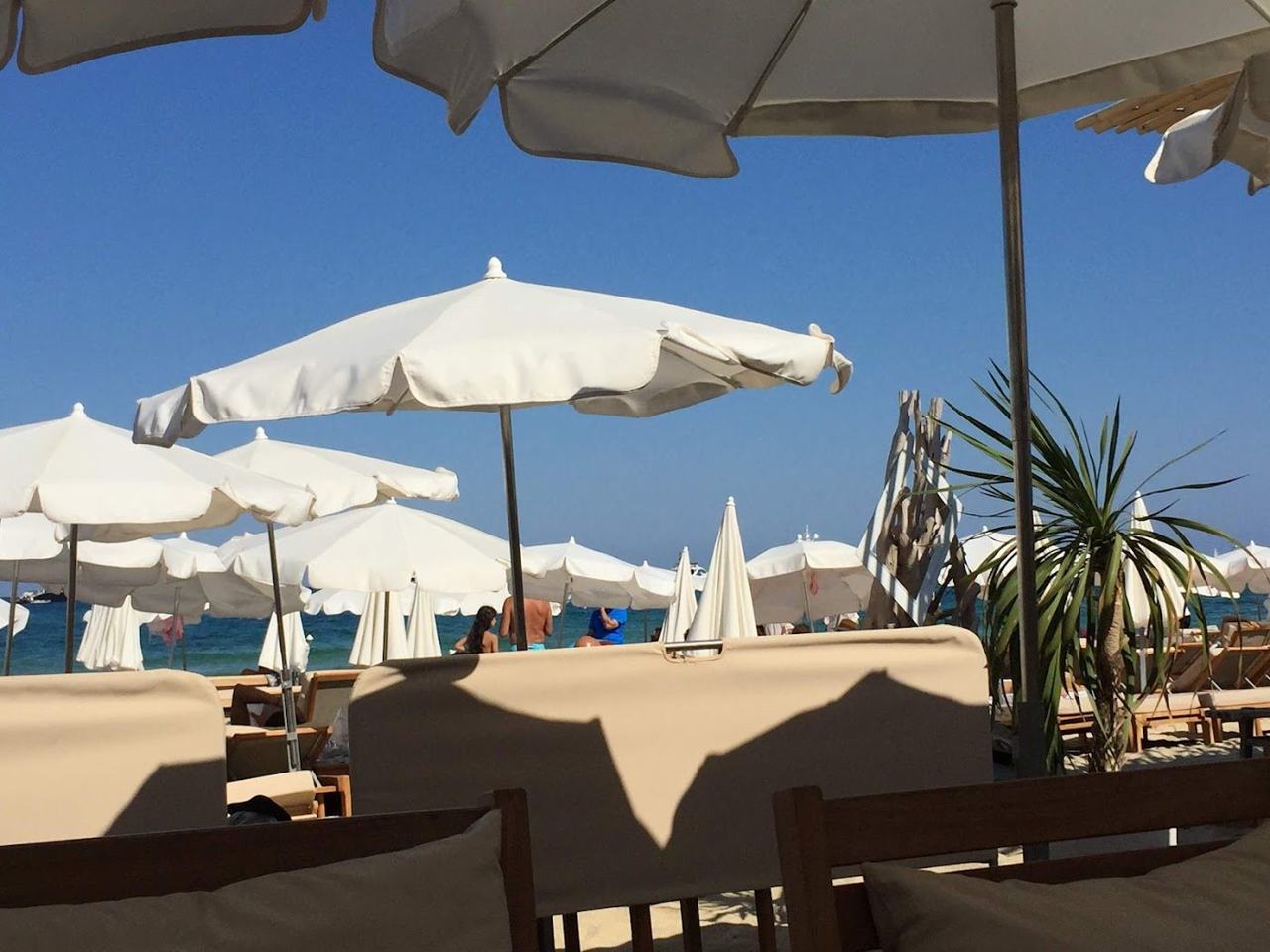 Wooden tables and parasols under the pines at Club 55 on Pampelonne