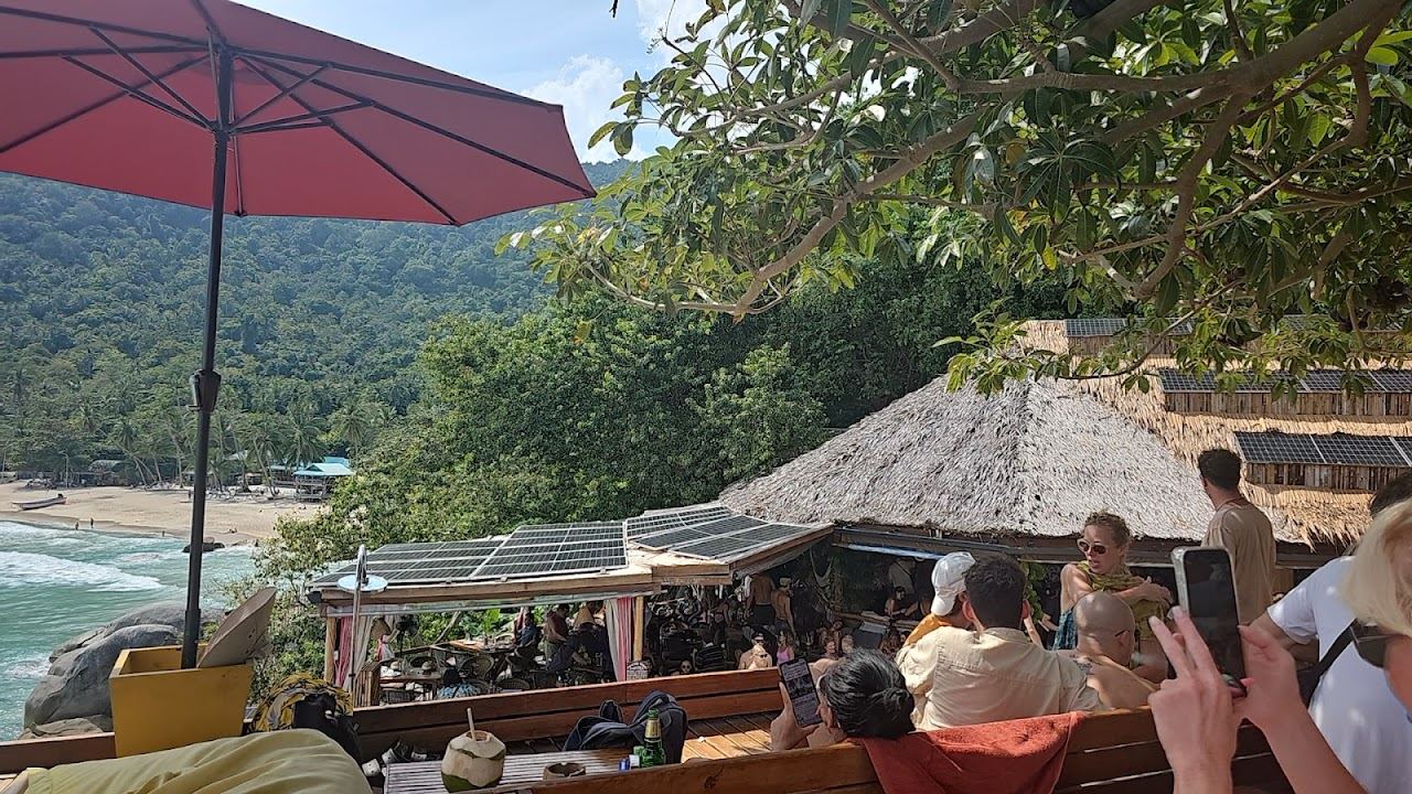 Thatched deck of Eden Garden in the jungle above Haad Yuan beach on Koh Phangan