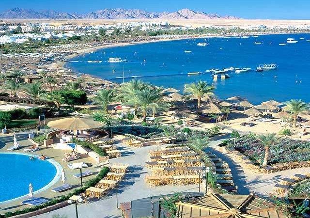 The busy promenade and curve of Naama Bay in Sharm el Sheikh