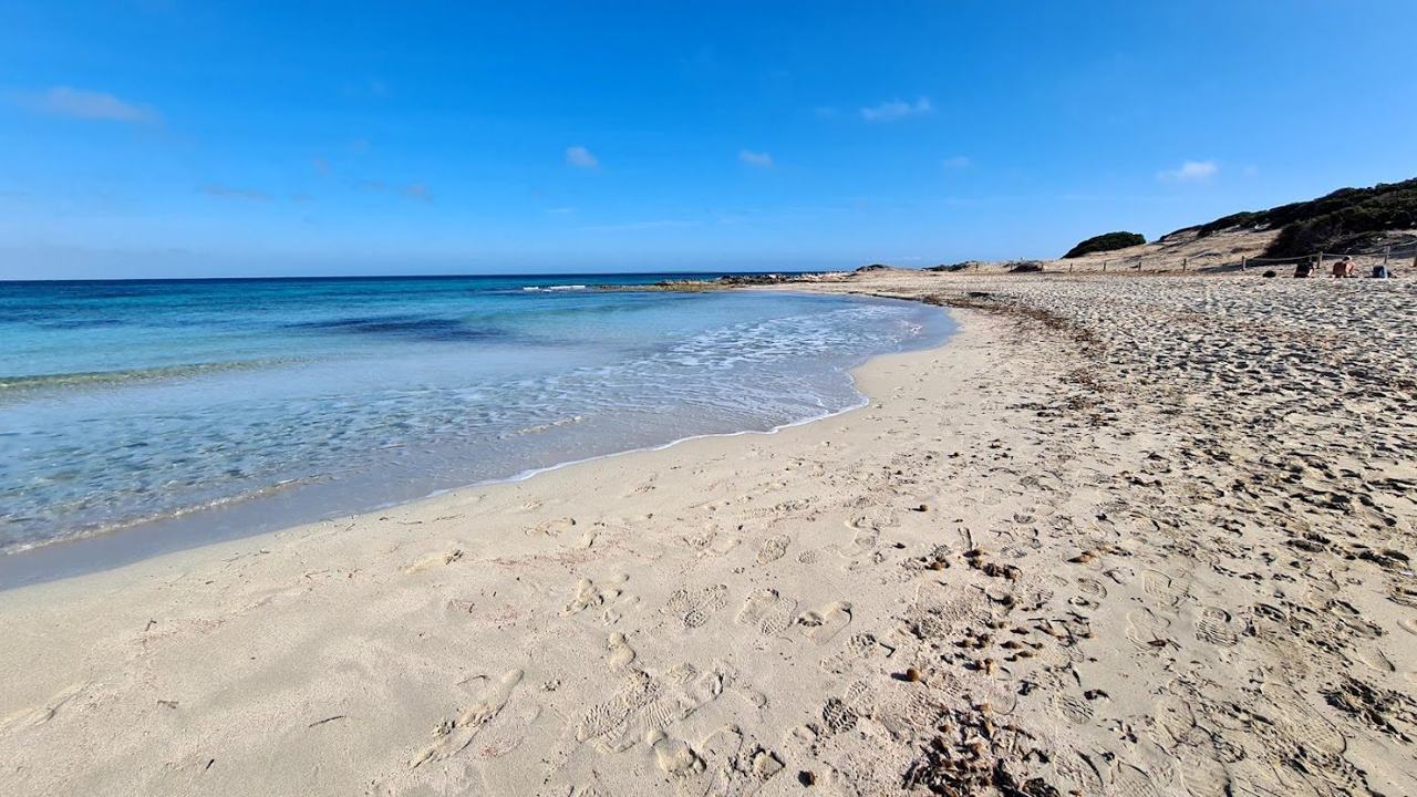 Clear water and a relaxed chiringuito along the naturist beach of Es Cavallet in southern Ibiza