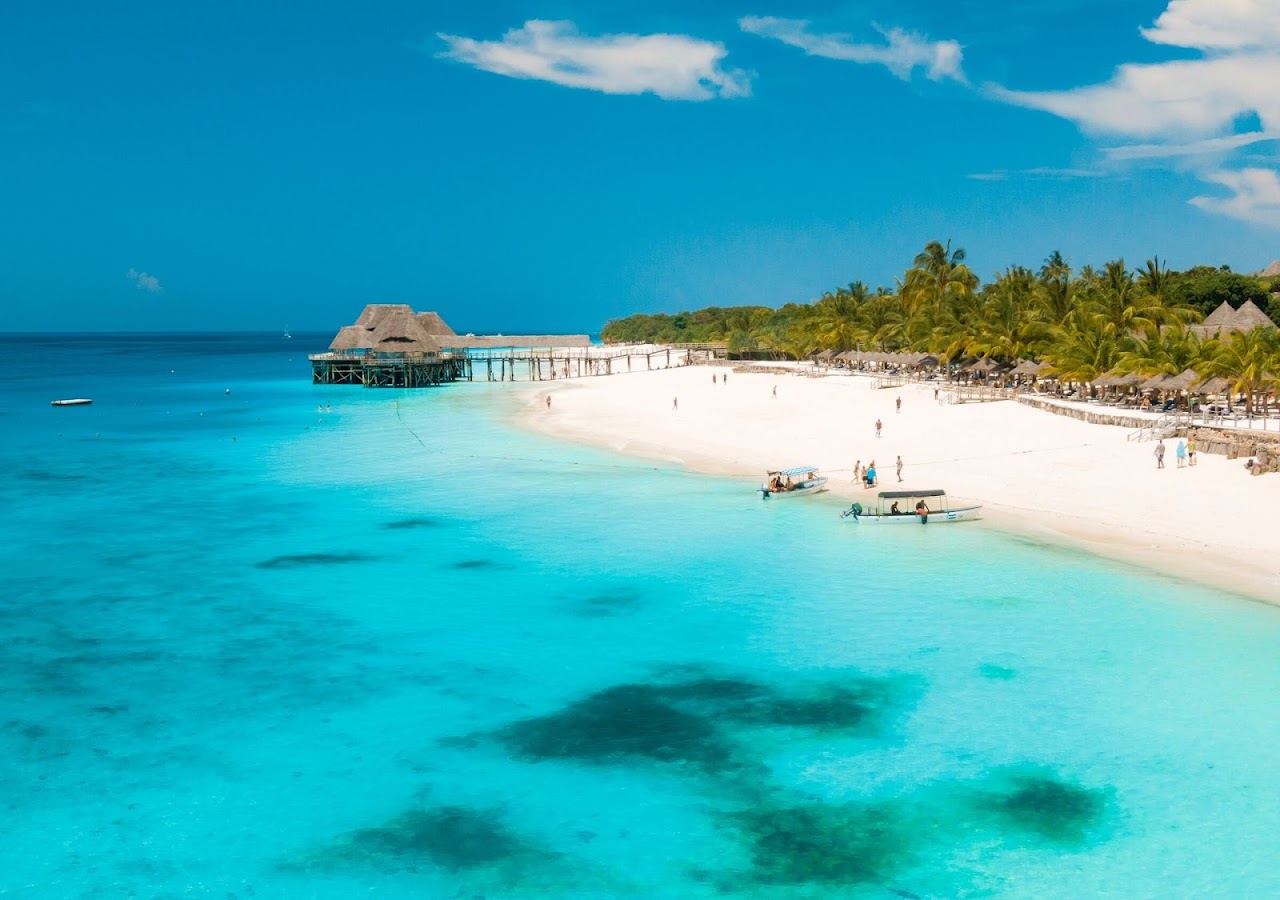 White sand and turquoise water along Nungwi Beach near Gerry's Bar in Zanzibar