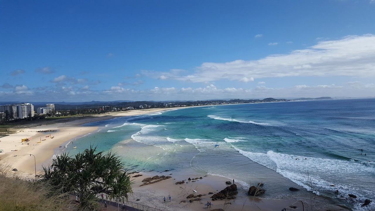 The point and patrolled sand at Kirra on the southern Gold Coast