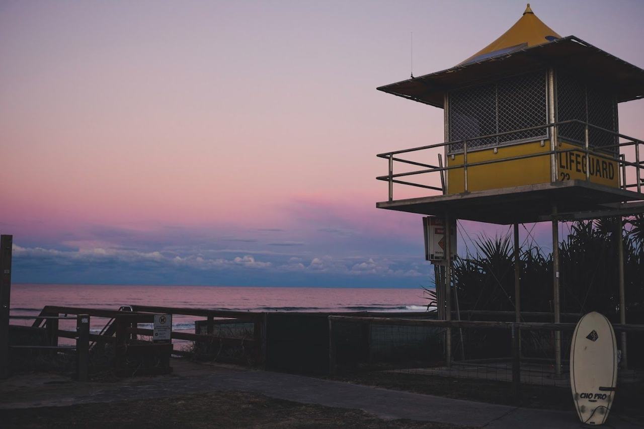 The relaxed open surf sand and village strip at Nobby Beach on the Gold Coast