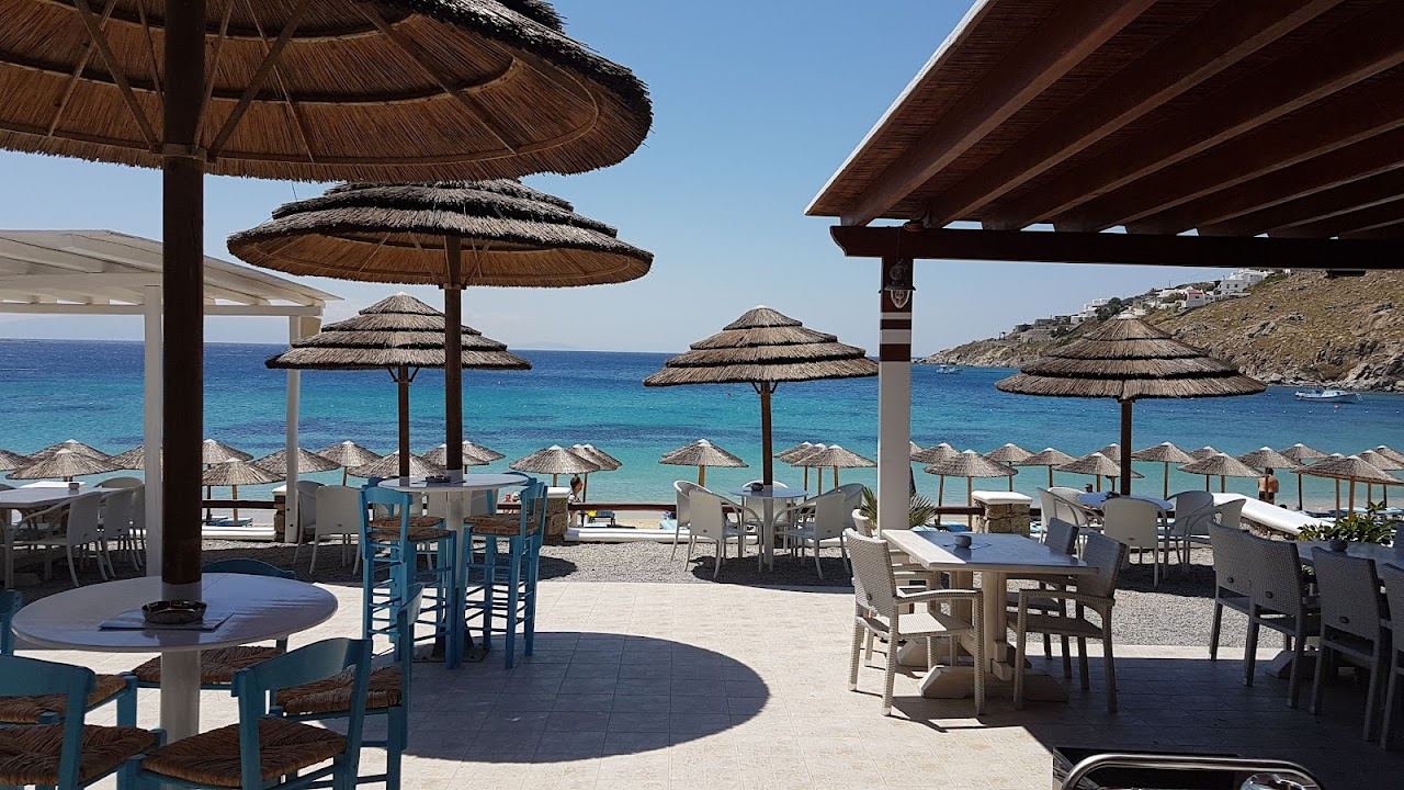 Stylish sunbeds and turquoise water at Nammos beach club on Psarou beach in Mykonos