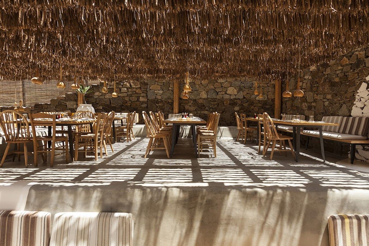 A rustic chic beach club with windswept charm at Alemagou on Ftelia beach Mykonos