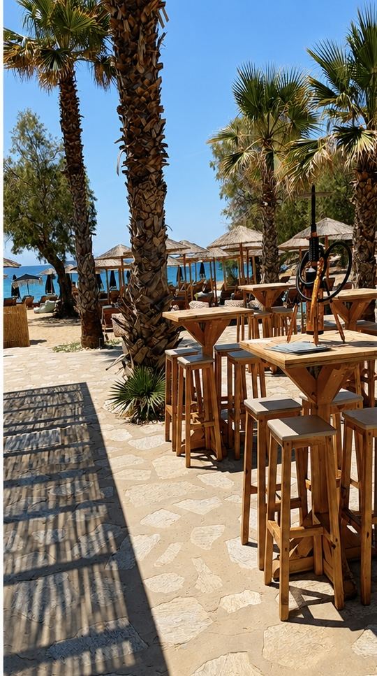 A lively beach club with a pool and sunbeds by the sea at Punda Coast on Paros