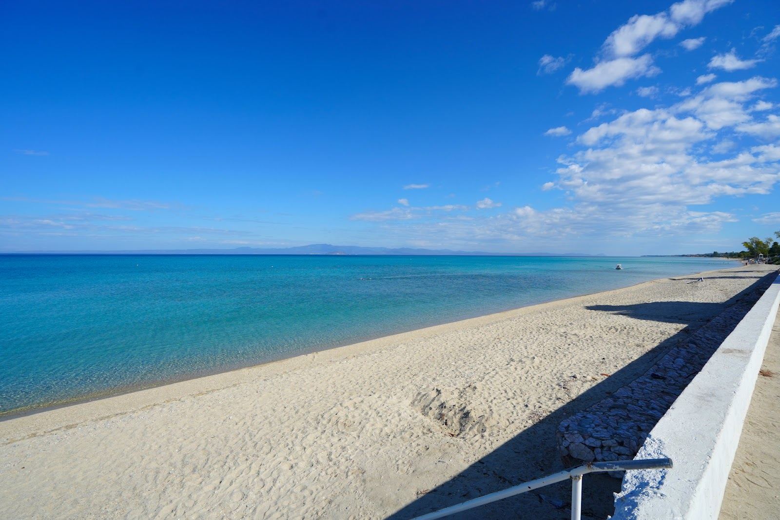 Long soft sand and shallow clear water lined with beach bars at Hanioti on the Kassandra peninsula in Halkidiki