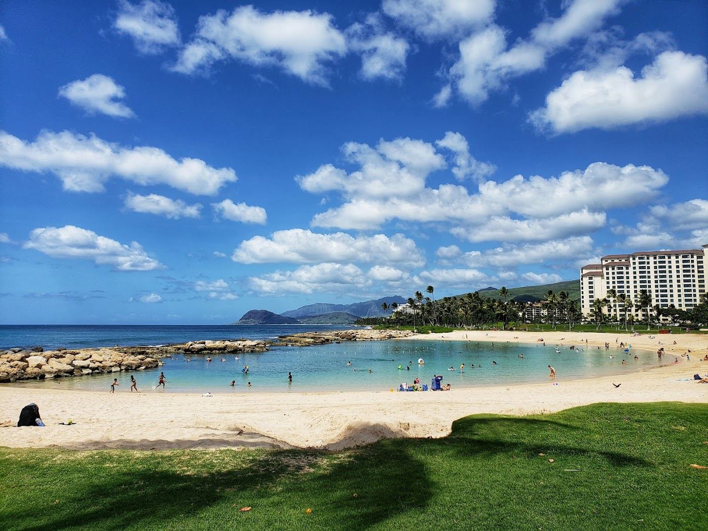 One of the four calm man made lagoons at Ko Olina ringed with flat water on west Oahu