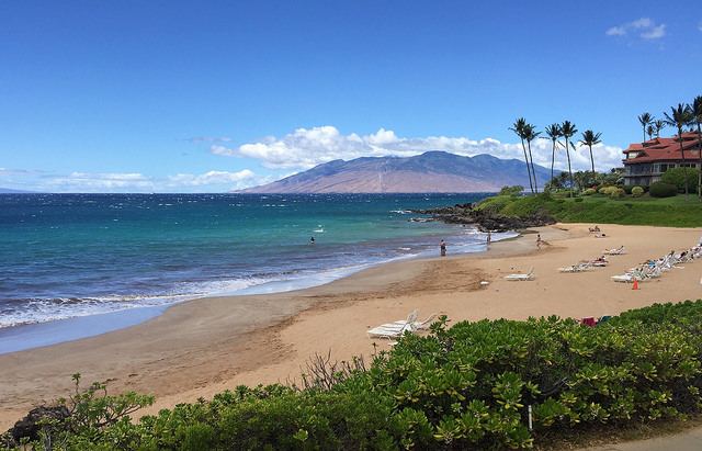 The quiet clear water of Polo Beach at the south end of the Wailea resort row on Maui