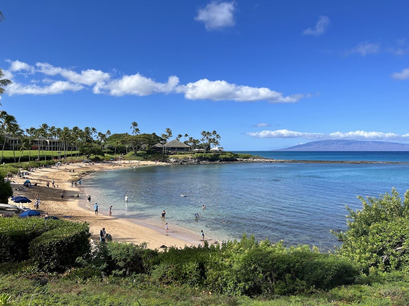 The tidy curve of Napili Bay backed by low rise condos with turtles on the reef on Maui