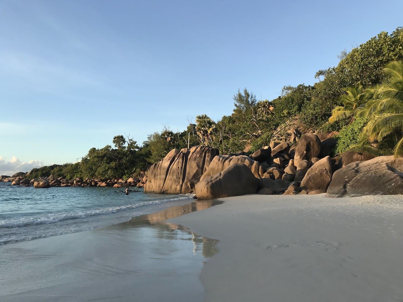 Pale sand framed by granite boulders and takamaka trees at Anse Lazio on Praslin