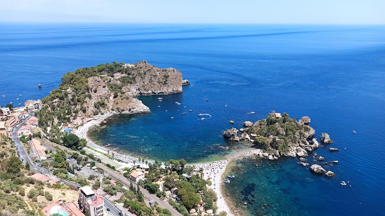 The islet of Isola Bella joined to the Sicilian shore by its narrow strip of beach