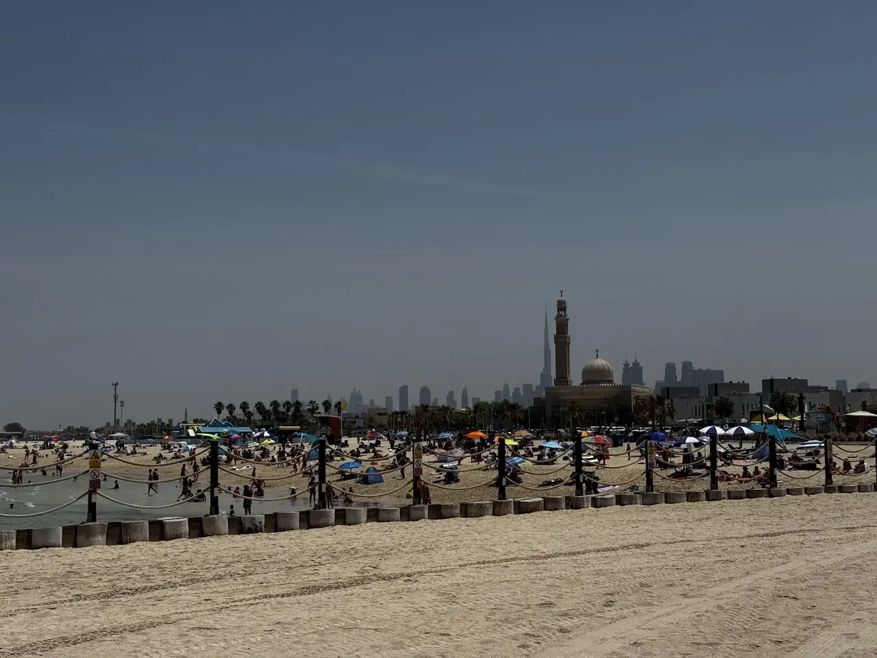 Jumeirah Open Beach in Dubai, view across the sand and the Arabian Gulf
