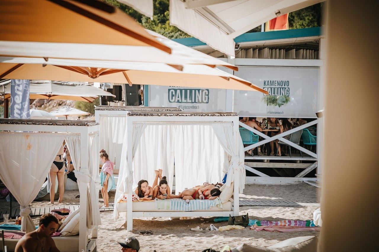 Sunbeds and umbrellas of the Kamenovo beach operation above turquoise water near Budva