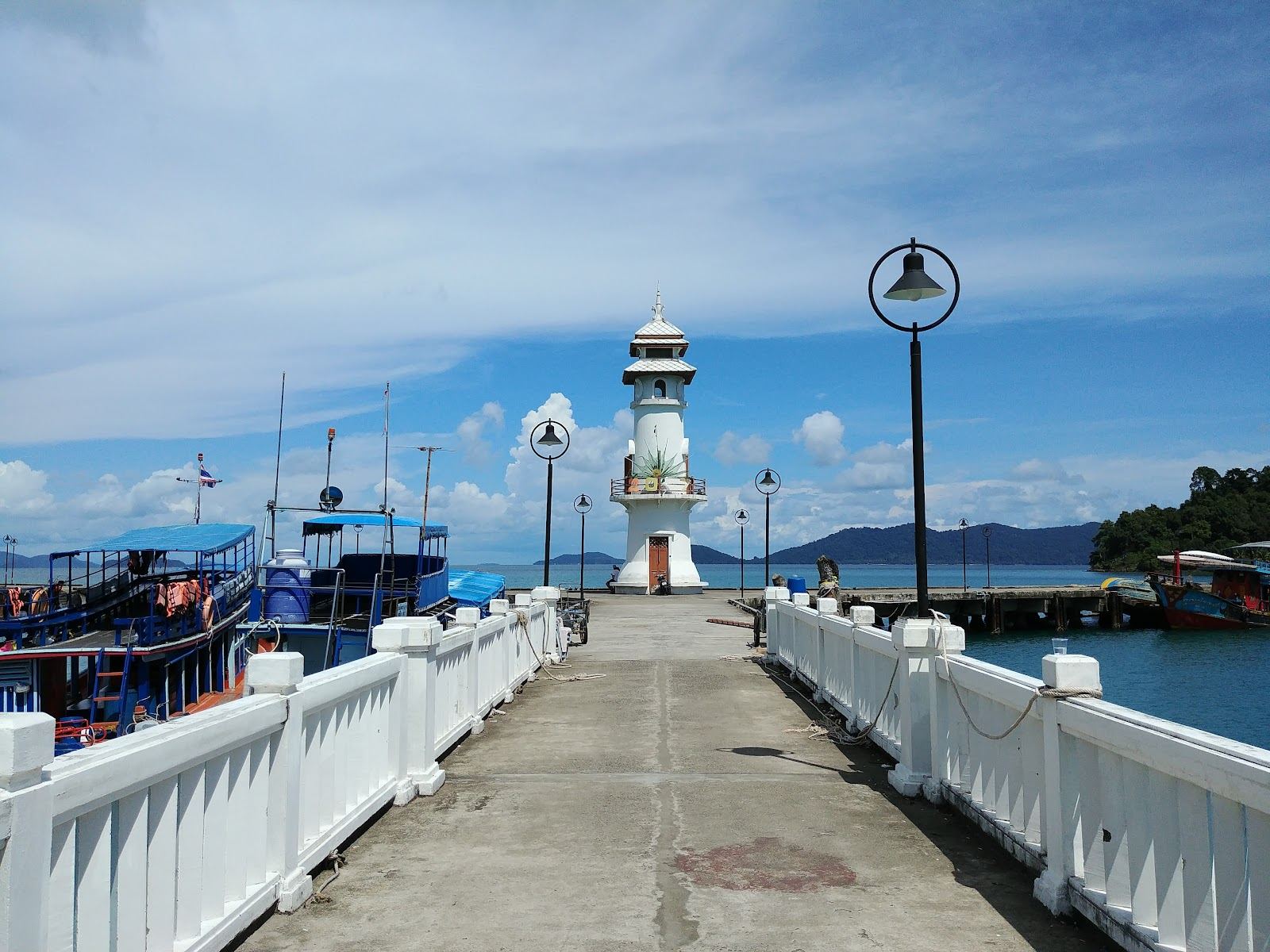 Stilted fishing village and pier reaching into the sea at Bang Bao on Koh Chang