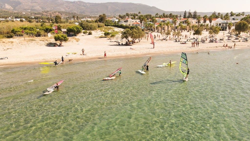 Windsurf boards and shallow water at Marmari Beach on the north coast of Kos