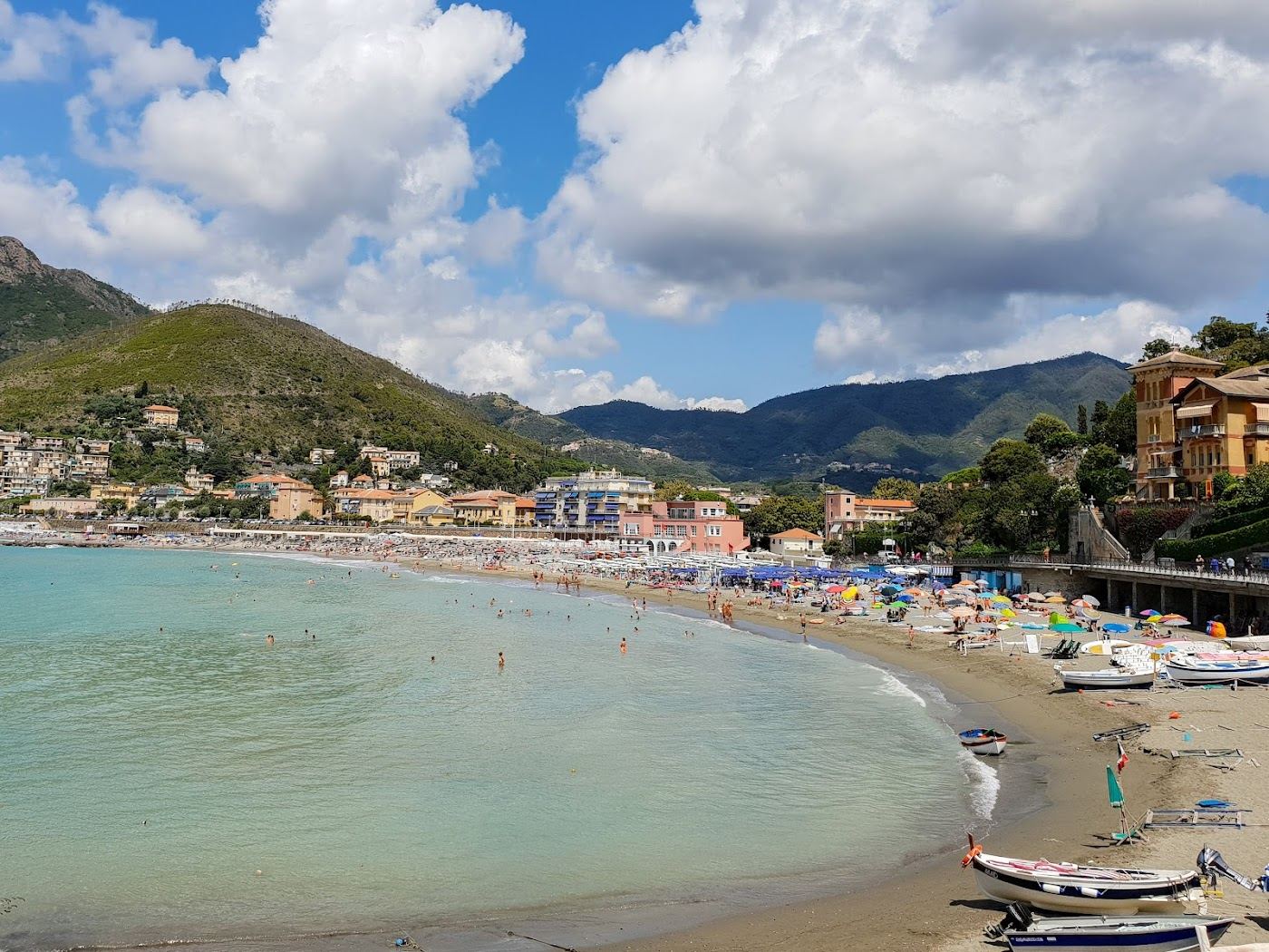 The seafront and pastel buildings of Levanto above its sandy Liguria bay