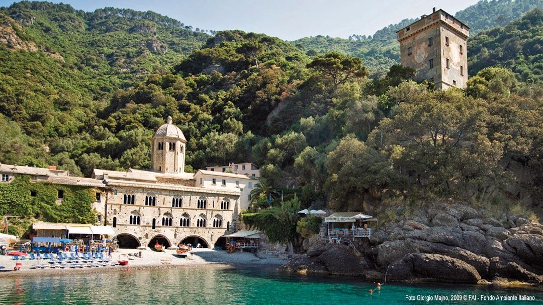 Clear water at the pebble cove below the abbey at San Fruttuoso in the Portofino marine park