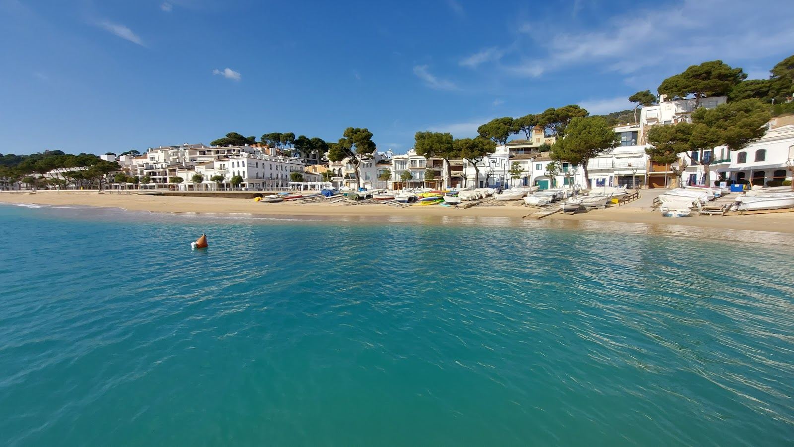 Sheltered sandy bay and white seafront buildings of Llafranc near Palafrugell on the Costa Brava