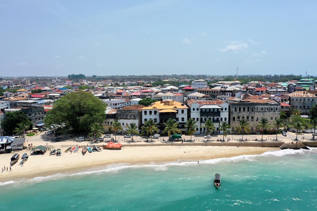 The Stone Town waterfront and harbour on Mizingani Road in Zanzibar at dusk