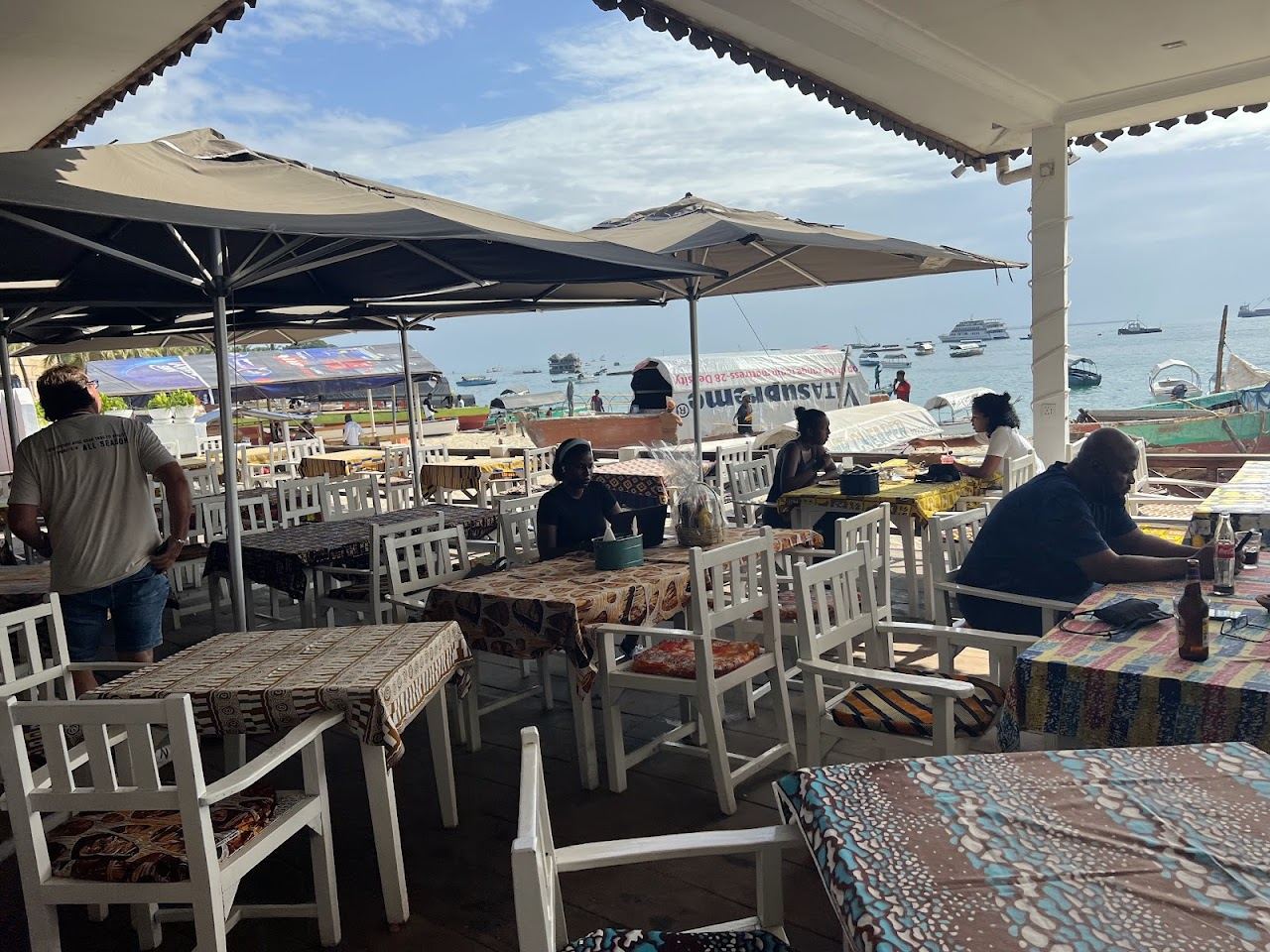 Open deck and harbour view at Mercury's on the Stone Town seafront in Zanzibar