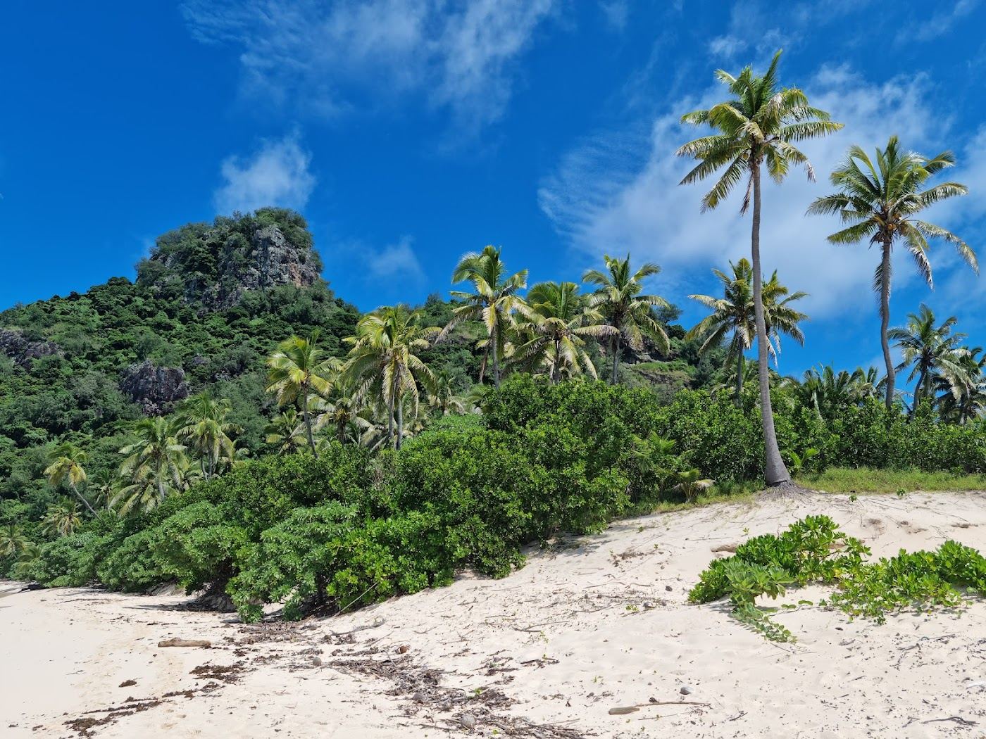 Reef fringed shallows and white sand at Monuriki island in the Mamanucas of Fiji