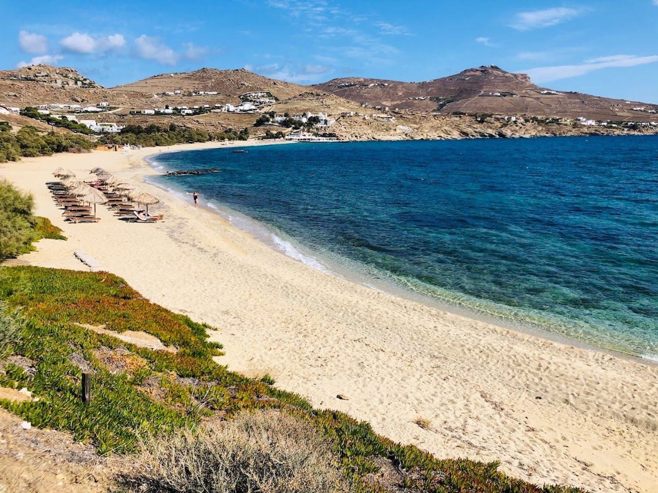 Breezy bay and watersports centre at Kalafatis beach on the east coast of Mykonos